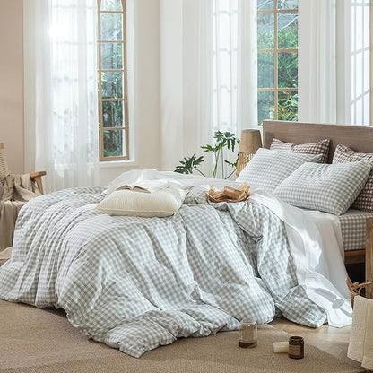 MooMee Gingham Duvet Cover Set 100% Washed Cotton Linen Like Textured Breathable Durable Soft Comfy Modern Checkered Design (Northern Droplet Grey Gingham, King 104"x90")