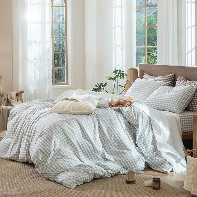 MooMee Gingham Duvet Cover Set 100% Washed Cotton Linen Like Textured Breathable Durable Soft Comfy Modern Checkered Design (Northern Droplet Grey Gingham, Super Queen 90"x98")