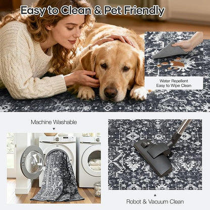 Lofus 9x12 Area Rug for Living Room,Black Washable Area Rugs with Non-Slip Backing,Soft Boho Carpets for Bedroom Dining Room Home Office Indoor Nursery