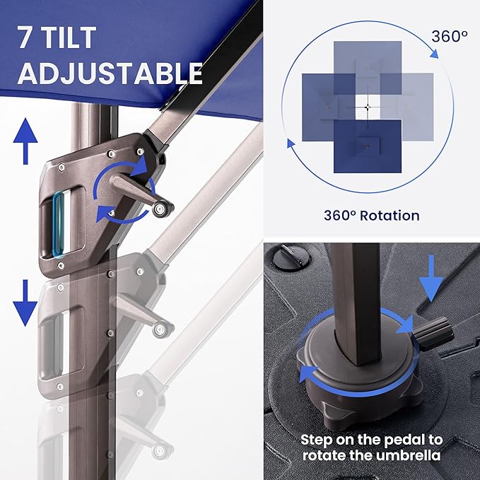 10 X 13 FT Cantilever Patio Umbrella Outdoor Heavy Duty Double Top Windproof Rectangle Offset Umbrellas with 360-degree Rotation for Pool Deck Backyard, Navy