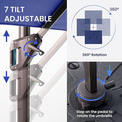 10 X 13 FT Cantilever Patio Umbrella with Base Included Outdoor Heavy Duty Double Top Windproof Rectangle Offset Umbrellas with 360-degree Rotation for Pool Deck Backyard, Navy
