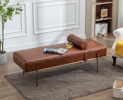 Modern End of Bed Bench, Upholstered Entryway Bench with Detachable Pillow for Living Room, PU Leather Ottoman Bench with Gold Metal Legs, Comfy Cushion Bedroom Decoration Benches (Brown)