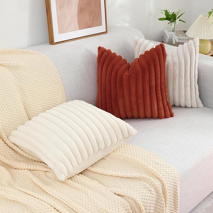 decorUhome Faux Fur Throw Pillow Covers 20x20 Set of 2, Decorative Soft Plush Striped Neutral Euro Pillow Covers with Velvet Back for Bed, Living Room Home Decor, Beige