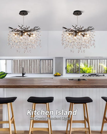 Modern Tree Branch Crystal Chandelier Luxury Black Crystal Pendant Lighting 18" Contemporary 6-Light Chandeliers for Dining Room Kitchen Bedroom Living Room
