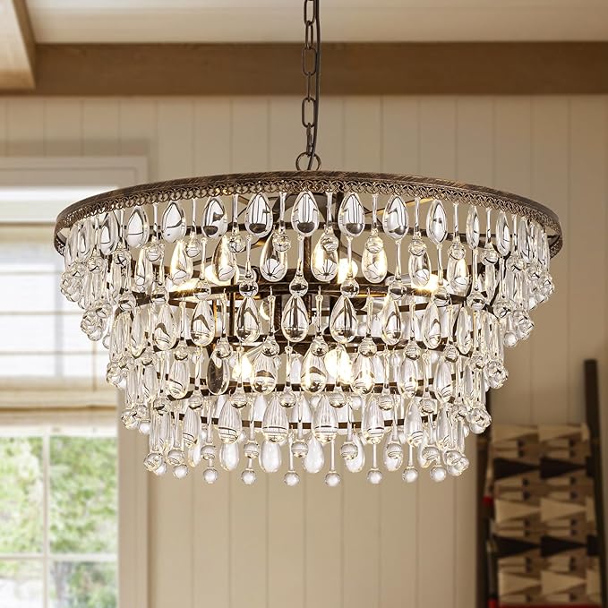 Vintage Crystal Chandeliers for Dining Room Light Fixture, 9-Light 5-Tier Antique Bronze Chandelier for Kitchen Island Bar Living Room Foyer Entryway, D28'' xH17''
