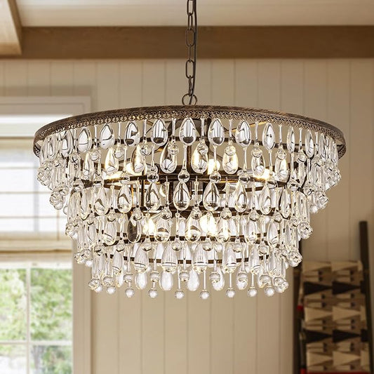 Vintage Crystal Chandeliers for Dining Room Light Fixture, 9-Light 5-Tier Antique Bronze Chandelier for Kitchen Island Bar Living Room Foyer Entryway, D28'' xH17''