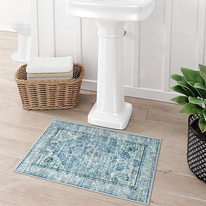 Uphome Light Blue Bathroom Rugs, Distressed Farmhouse Boho Bath Mat, Comfy Velvet Small Bath Rugs Non Slip Washable, Vintage Oriental Toilet Rug for Sink Shower Vanity, 18x26 inch