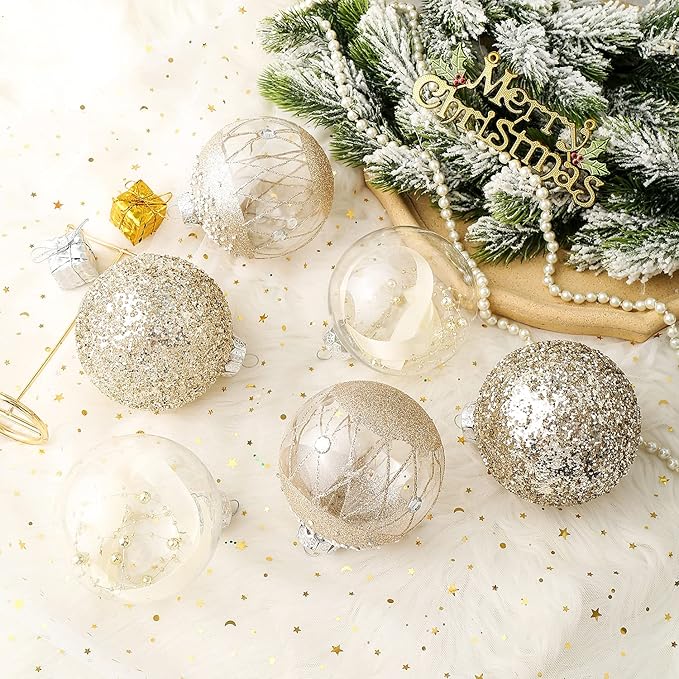 XmasExp Christmas Ball Ornaments Set, Shatterproof Christmastree Decorations,6ct Large Plastic Hanging Ornaments,100mm/4,Champagne Gold