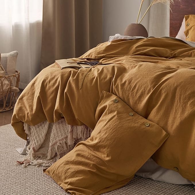 Bedsure Linen Duvet Cover Queen - Linen Cotton Blend Bedding Set, Soft & Cozy, 3 Pieces, 1 Duvet Cover 90x90 and 2 Pillowcases, Pumpkin Yellow Color Cooling Bedding, Comforter Sold Separately