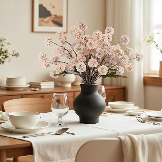 Faux Beige Kiku Flowers 10 Stems & 2 Eucalyptus,Fake Mums Flower Autumn Artificial Chrysanthemums Mini Ball Floral for Table Centerpieces,Silk Fall Faux Mums Flower for Vase Wedding Arrangements Decor