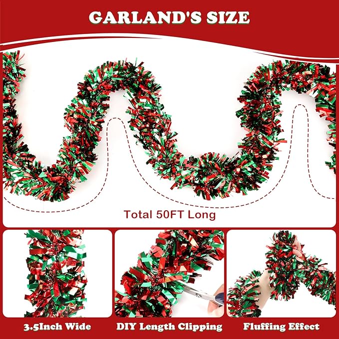 50FT Christmas Tinsel Garland, Red Green Metallic Twist Shiny Hanging Garland Ornaments for Christmas Tree, Party Supplies Thick Metallic Xmas Streamers