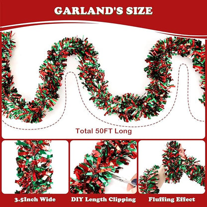 50FT Christmas Tinsel Garland, Red Green Metallic Twist Shiny Hanging Garland Ornaments for Christmas Tree, Party Supplies Thick Metallic Xmas Streamers