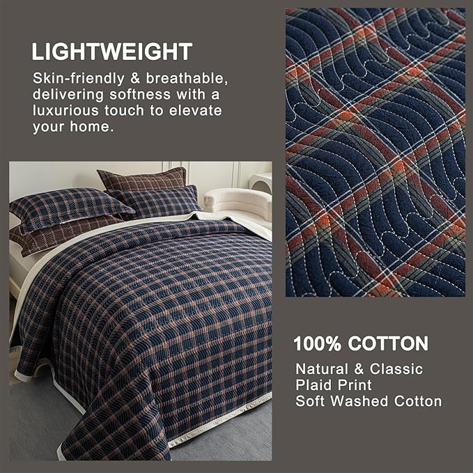 Cotton Plaid Quilt Set King 3 Piece Lightweight Reversible Bedding, Grid Dark Blue