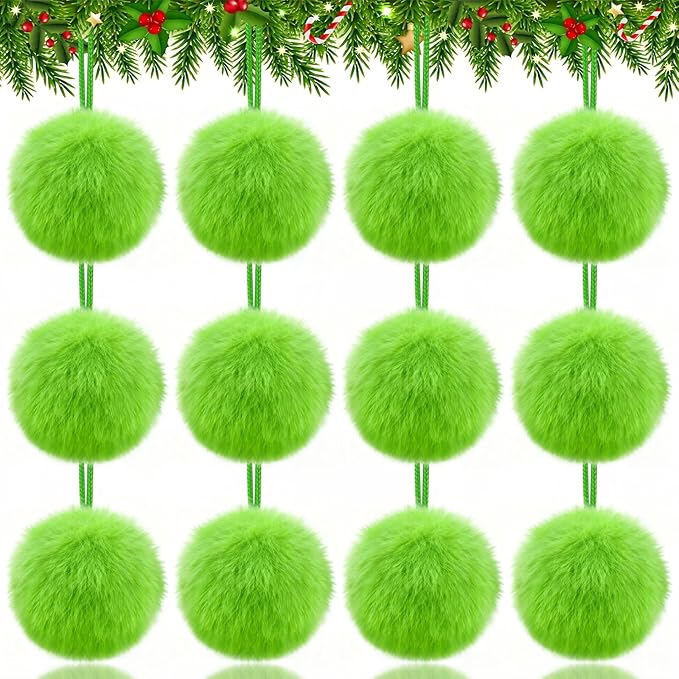 Lime Green Furry Christmas Ball Ornaments 12Pcs Fuzzy Lime Green Ornaments or Xmas Pom Pom Ball Hanging Decorations Furry Elf Balls for Xmas Tree Wreath Home Fireplace Mantel Wall Decors