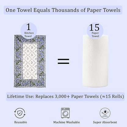 Ridhi Powder Blue Hand Block Print Waffle Kitchen Towel Set of 3-16 x28 Ultra Absorbent Quick Dry 100% Cotton Dish Towels Lightweight Reusable Sustainable Tea Towels for Cleaning and Drying