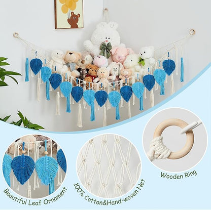 Pretty Jolly Stuffed Animal Storage with Hand Woven Leaf Tassels Hammock Corner Hanging Net Boho Macrame Storage for Kid Room Nursery Decor Wall Display for Girls Gift(Dark Blue&Lake Blue)