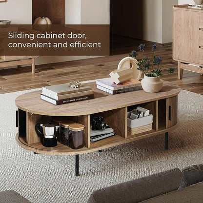 LuxenHome Oval Coffee Table with Storage, 47" Mid Century Modern Fluted Coffee Tables for Living Room, Wooden Sliding Door Boho Storage Center Table for Home, Office
