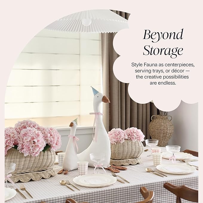 BEBE BASK The Original Scalloped Basket Set Of 2 – Small Scallop Basket - 15 x 10 x 6 In - Hand-Woven & Award-Winning - Elegant Wicker With Scalloped Edge Lid - Nursery Storage - (Natural)