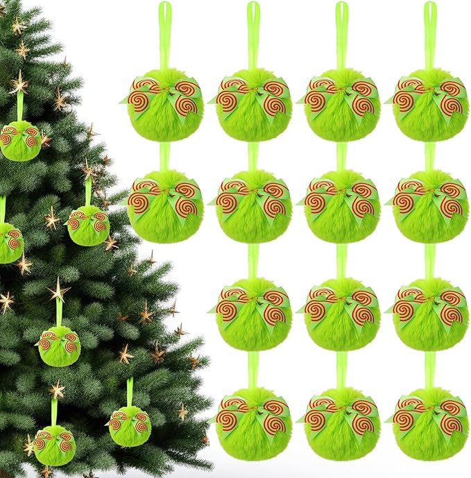Liliful 18 Pcs Lime Green Furry Christmas Ball Ornaments3.15 Inch Bow Xmas Furry Ornaments Hanging Christmas Pom Pom Ball Decorations for Home Xmas Tree Party Supplies Wall Decor(Style 1,Green)