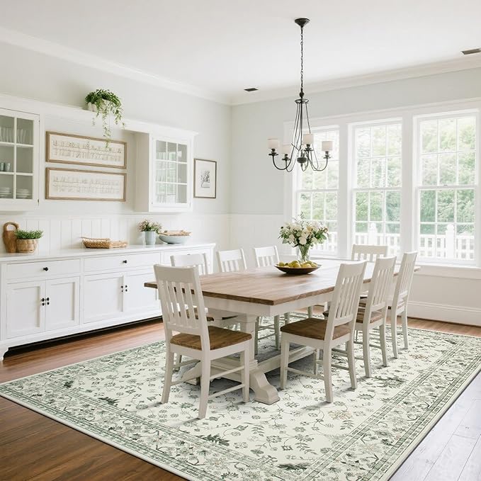 Washable Rugs 8x10 Area Rugs for Living Room,Rugs for Bedroom,Large Carpets,Ultra Soft Faux Wool Retro Dining Room Rug,Non Slip&Non-Shedding Low Pile Vintage Print Rug for Home Office-Green