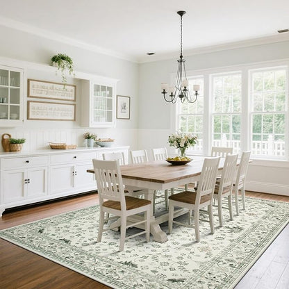 Washable Rugs 8x10 Area Rugs for Living Room,Rugs for Bedroom,Large Carpets,Ultra Soft Faux Wool Retro Dining Room Rug,Non Slip&Non-Shedding Low Pile Vintage Print Rug for Home Office-Green