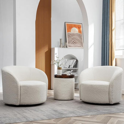 KINWELL 34" Boucle Swivel Barrel Chair with 18" Round Ottoman Set, Fully Assembled Set of Sherpa Accent Chair and Footrest, Modern Comfy Armchair and Footstool for Living Room and Bedroom, Cream