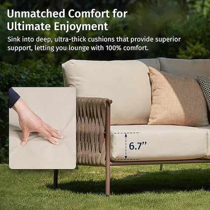 EAST OAK Life Chatter Outdoor Patio Furniture | Outdoor Seating 3 Seats with Waterproof Thick Cushions | Deep Seating Modern Patio for Garden, Porch, Balcony & Backyard | Chestnut & Apricot