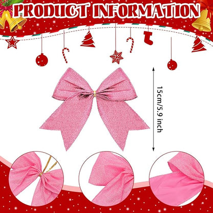 Cindeer 24 Pcs Pink Christmas Bow Decorations 6 x 6 Inches, Glitter Holiday Ornaments Sequin Ties Bows for Xmas Tree, Wreath, DIY Crafts, Gift Wrapping, Party Decor