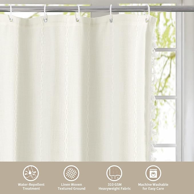 MitoVilla White Shower Curtain 72 x 78, Boho Farmhouse 78 inch Long Polyester Linen Tassel Ultra Thick Heavy Duty Fabric Shower Curtains for Chic Cottagecore French Rustic Bathroom Decor Ivory