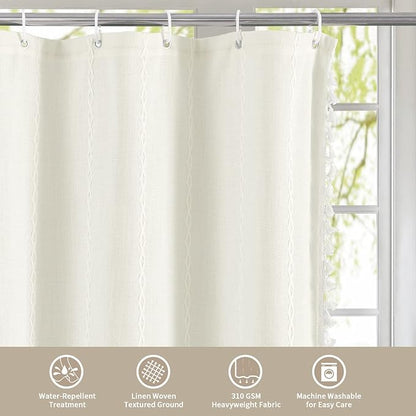 MitoVilla Boho Small Stall Fabric Shower Curtain 36 x 72, Ivory Half Size Narrow Polyester Linen Tassel Cloth Shower Curtains for Chic Modern Farmhouse Country Bathroom Decor