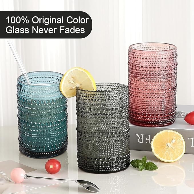 15oz Colored Hobnail Drinking Glasses Set of 6,Vintage Kitchen Glassware,Embossed Beaded Glass Cups,Water Tumbler for Cocktail,Juice and Various Mixed Drinks
