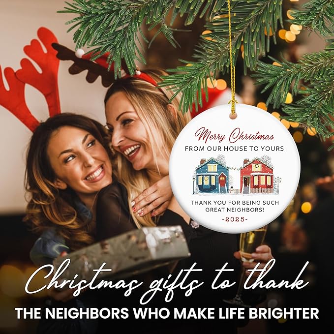 Christmas Neighbor Gifts for Women Men - Ceramic Christmas Ornaments 2025 with Card for Tree Decorations - Friend Gifts for Neighbors, Ornaments for Neighbors, Awesome Neighbor Gift for Friend