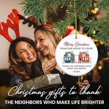 Christmas Neighbor Gifts for Women Men - Ceramic Christmas Ornaments 2025 with Card for Tree Decorations - Friend Gifts for Neighbors, Ornaments for Neighbors, Awesome Neighbor Gift for Friend