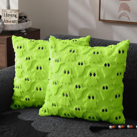 DFXSZ Halloween Pillow Covers 20x20 inch Set of 2 Green Ghost Throw Pillow Cases Soft Plush Faux Fur Wool Cushion Case for Chair Bedroom Living Room Home Decor PTK03Y20