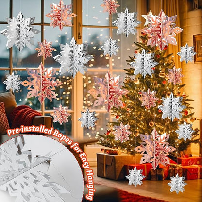 OuMuaMua Winter Christmas Snowflake Decorations Indoor, 24PCS 3D Silver Rose Gold Snowflakes Christmas Hanging Ornaments for Home Xmas Christmas Holiday Winter Wonderland New Year Party Decor Supplies