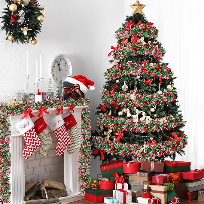 50 FT Christmas Tinsel Garland Metallic Tinsel Twist Shiny Christmas Tree Hanging Garland Decorations for Christmas Party Supplies Indoor and Outdoor Decoration (Red, Green and Silver)