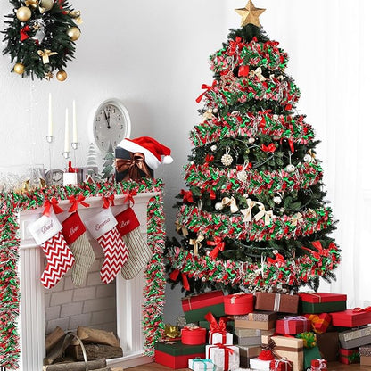 50 FT Christmas Tinsel Garland Metallic Tinsel Twist Shiny Christmas Tree Hanging Garland Decorations for Christmas Party Supplies Indoor and Outdoor Decoration (Red, Green and Silver)