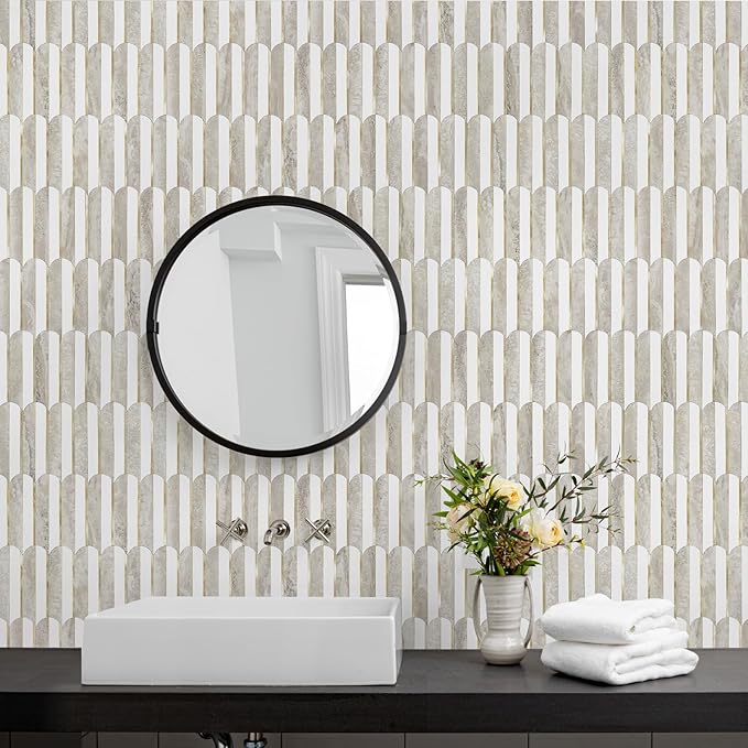 Vamos Peel and Stick Backsplash Seamless Tile for Kitchen and Bathroom,White and Beige Slate PVC Mixed Light Gold Self Adhesive Fish Scale Metal Mosaic Tiles (10 Sheets)