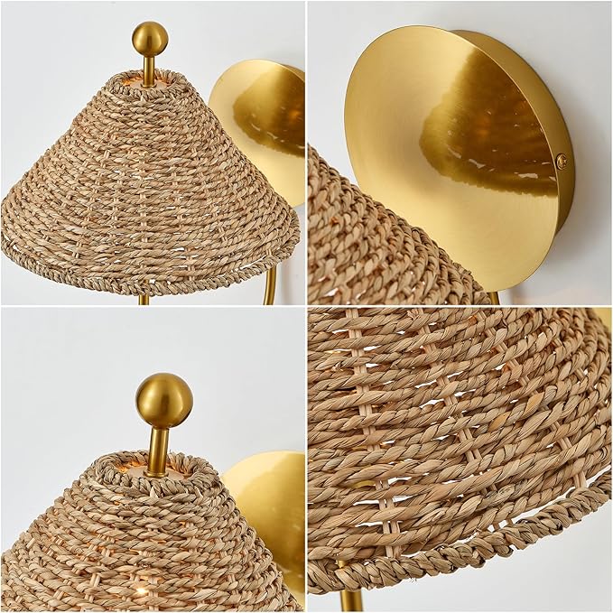 Boho Hand Woven Rattan Wall Scones Set of 2 Brass Wall Lamp Sconces Rustic Wall Lights for Bedside Hallway Vanity Stairway Fireplace Living Room, UL Listed