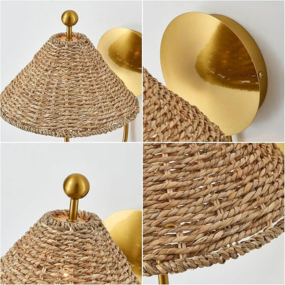 Boho Hand Woven Rattan Wall Scones Set of 2 Brass Wall Lamp Sconces Rustic Wall Lights for Bedside Hallway Vanity Stairway Fireplace Living Room, UL Listed