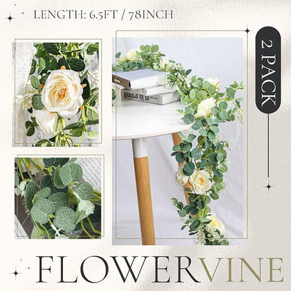 Der Rose 2Pcs Artificial Eucalyptus Flower Garland with Fake Rose Flower Vine Seeded Eucalyptus Leaves Greenery Garland for Wedding Table Backdrop Party Centerpiece Room Decor (Champagne-Total 13FT)