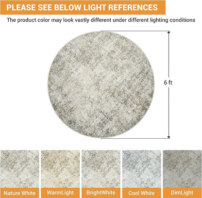Round Rug 6ft Circle Rug Washable: Carpet Small Circular Area Rug for Entryway Kitchen Bedroom Dining Room Living Room 6 Feet Abstract College Dorm Non Slip Low Pile Beige Brown