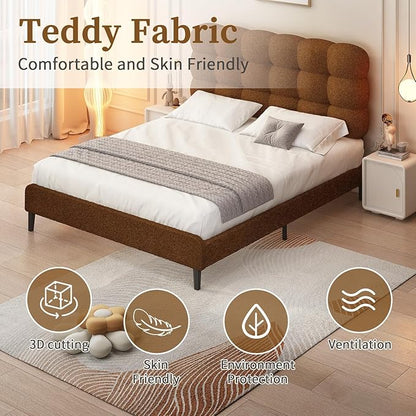 BarnFurin Full Size Bed Frame, Platform Bed with Soft Teddy Boucle Upholstered Headboard, Wooden Slats Support, Two Bed Forms Design, No Boxing Spring Needed, Easy Assembly, Brown