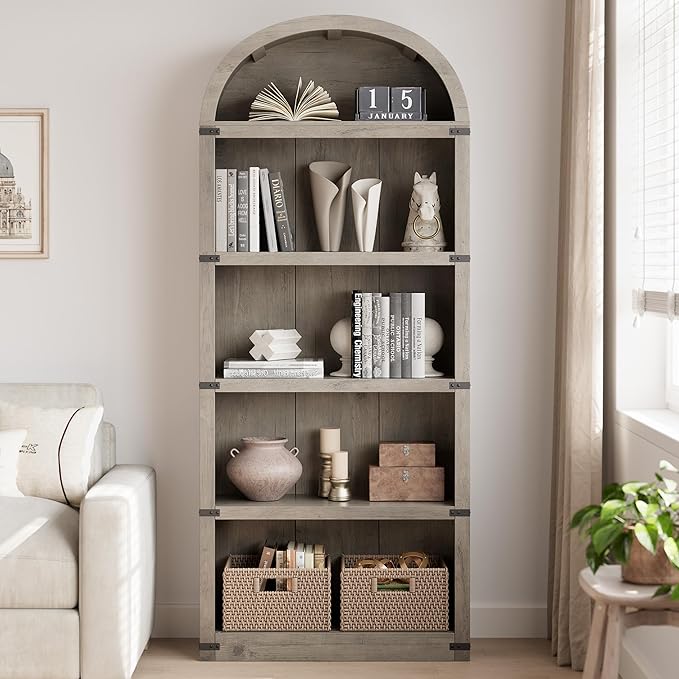 GarveeHome Bookcase 5 Shelf Arched Bookshelf 71.65 in Tall Bookcase Farmhouse Display Storage Rack Wooden Bookshelves for Home Office, Living Room (Rustic Gray)