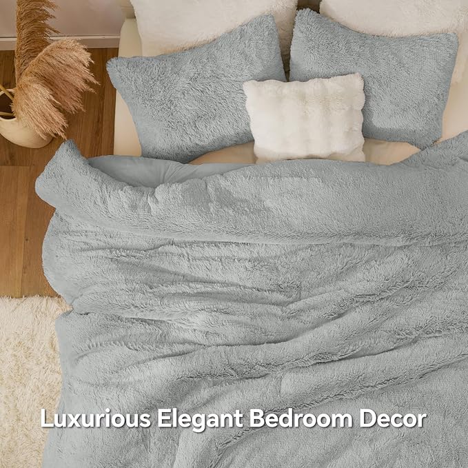 BEDELITE Grey Fluffy Comforter Set Queen Size, Fuzzy Faux Fur Comforter Bedding Set, 3Pieces Soft Warm Shaggy Bed Set (1 Comforter & 2 Pillowcases) as Gifts for Women