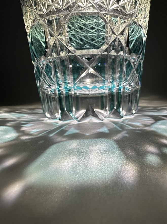 Hand Cut Whiskey Glass Japanese Style Edo Kiriko Inspired Sea Aquamarine Fluorite Tumbler 10oz Lead Free Blown Glass, Blue Design