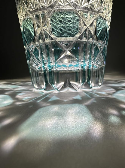 Hand Cut Whiskey Glass Japanese Style Edo Kiriko Inspired Sea Aquamarine Fluorite Tumbler 10oz Lead Free Blown Glass, Blue Design