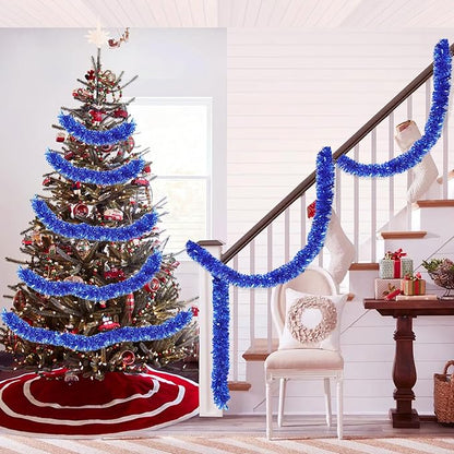 33FT Bule Tinsel Christmas Garland Metallic Twist Shiny Garland for Christmas Tree Decorations, Xmas Holiday Hanging Garland for Home Table Indoor Outdoor Party Supplies Holiday Decor