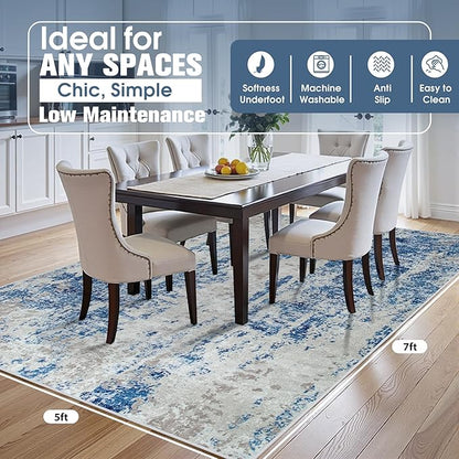 5x7 Area Rugs for Living Room Rug Washable: Abstract Rug for Dining Room Bedroom Carpet Non Slip 5 by 7 Indoor Modern Nursery Home Office Blue Grey White