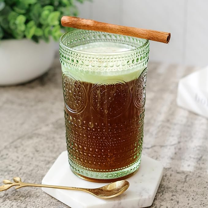Kate Aspen Hobnail Beaded Floral Green Drinking Glasses Set of 6, (13 oz) Vintage Glassware Set Cocktail Glass Set, Juice Glass, Water Cups | Great Hostess Gift & Gift for New Home Owners
